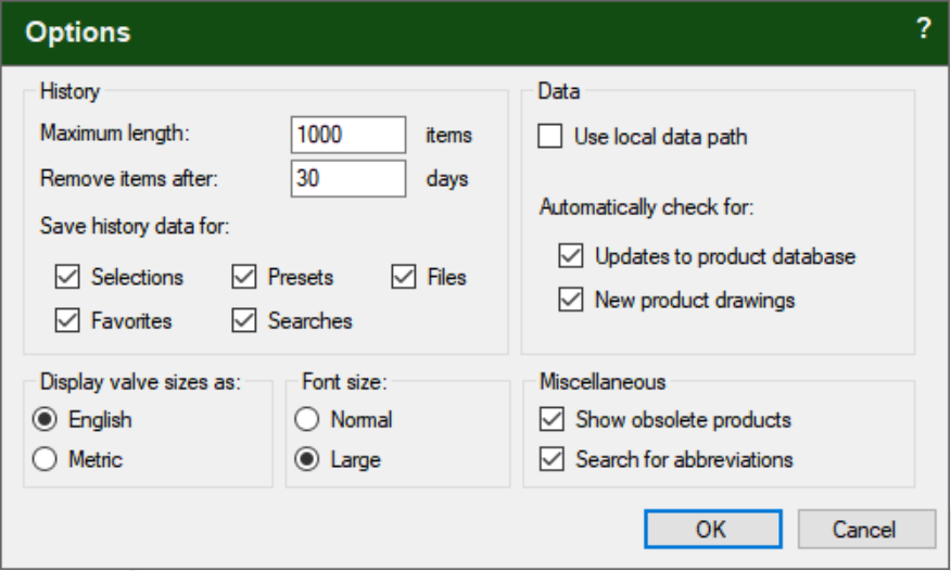 Valve Selector Options